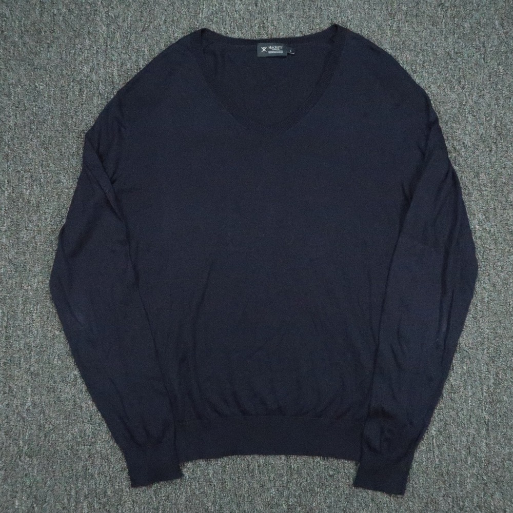 Hackett London Sweater Mens Large Blue V Neck Silk Cashmere Long Sleeve Knit
